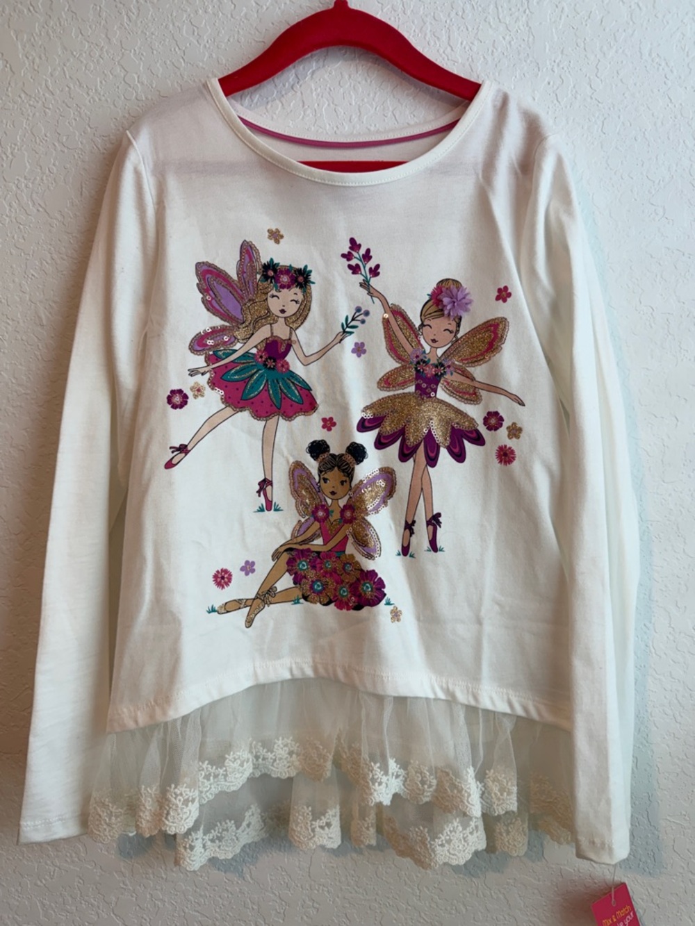 Girls' Lace-Hem Fairy Graphic Long-Sleeve Top